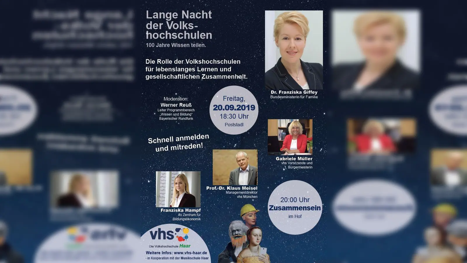 Diskussionsrunde bei der "Langen Nacht der vhs" in Haar mit Dr. Franziska Giffey, Prof. Dr. Klaus Meisel, Franziska Hampf und Gabriele Müller. (Foto: vhs)