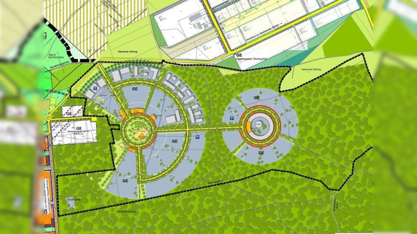 Aktuell und viel diskutiert: Der Asto-Eco-Park Gauting im Unterbrunner Holz soll in absehbarer Zeit Gewerbe beheimaten. Bürgermeisterin Brigitte Kössinger nahm bei der Gautinger Bürgerversammlung Stellung dazu. (Foto: Graphik: bgsm Architekten)