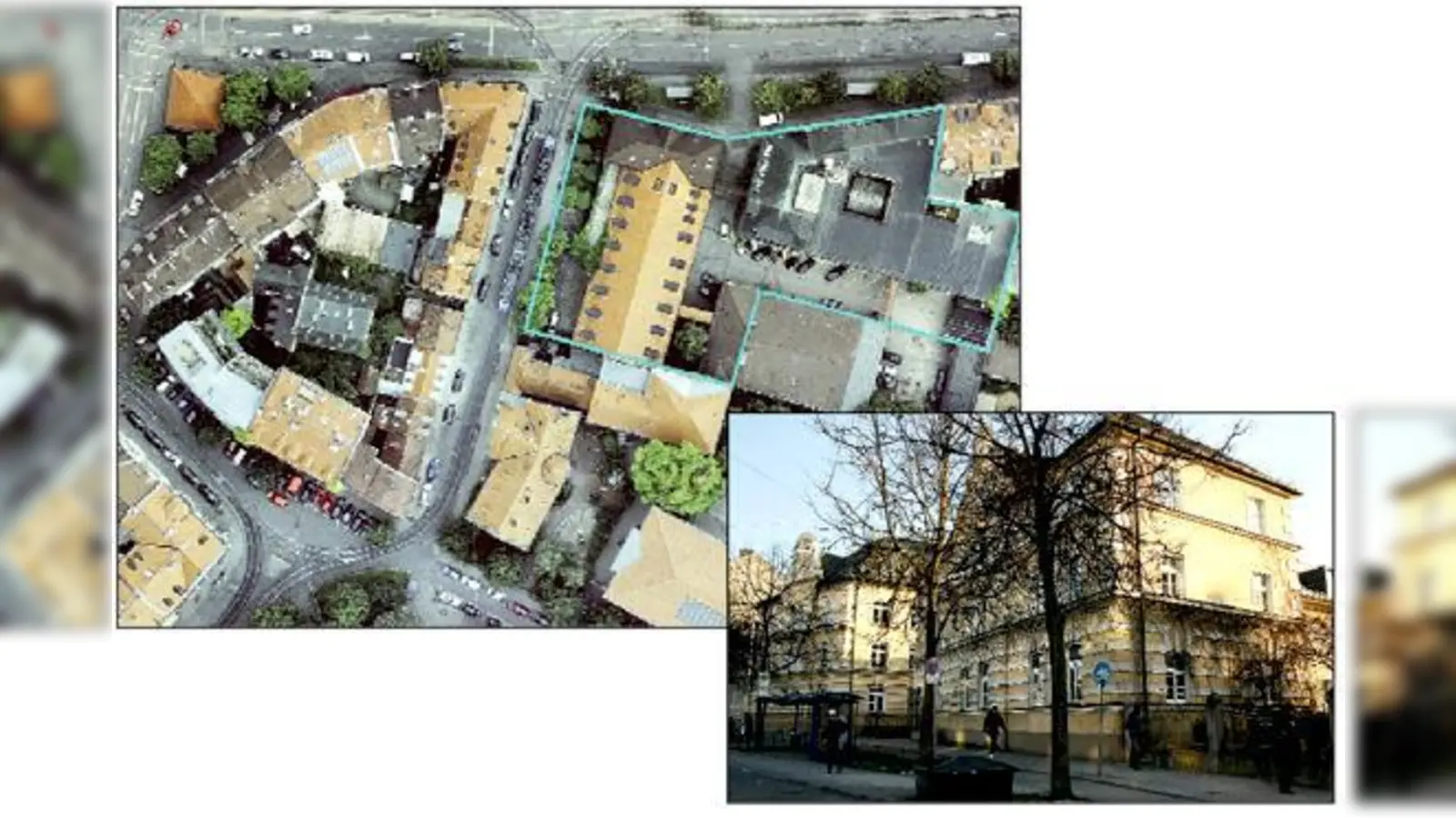 Um dieses Areal geht es: Oben die Einsteinstraße, links vom Gelände die Schloßstraße. Die denkmalgeschützten ehemaligen Direktionsgebäude der SWM (rechts) müssen erhalten bleiben. 	 (Foto: LH München, js)