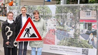 Start der Bauarbeiten in der Lindwurmstraße mit Baureferentin Jeanne-Marie Ehbauer, Bürgermeister Dominik Krause und der Stadtdirektorin des Mobilitätsreferats, Sabine Effner. (Foto: Michael Nagy / Presseamt)