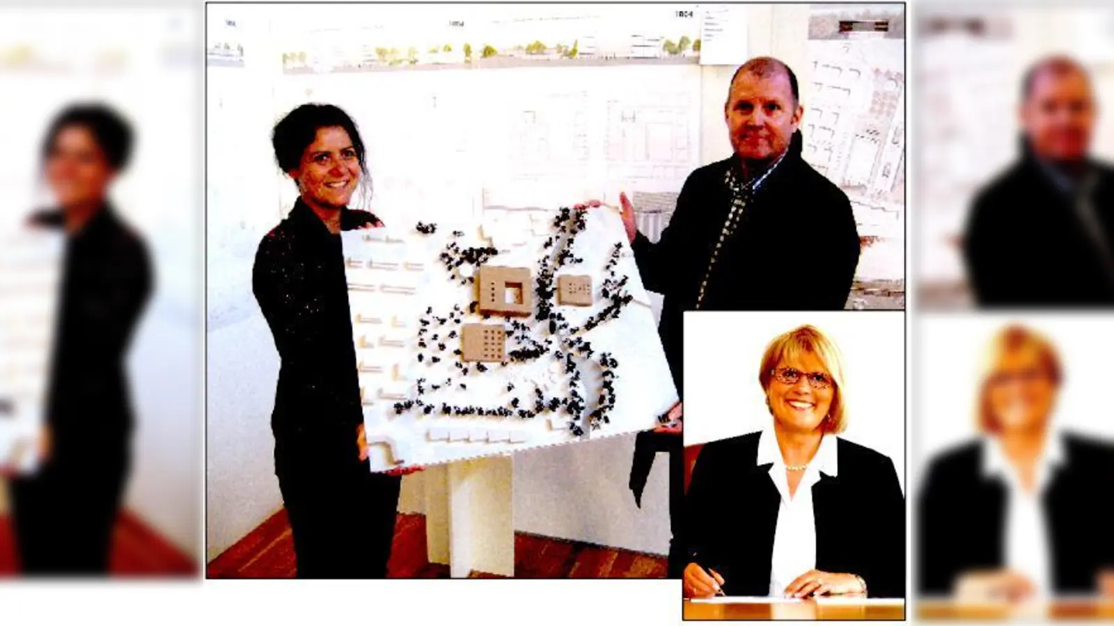 Die Architekten Susanne Schmidt-Hergarten und Peter Schwinde präsentieren das Modell des neuen Werner-Heisenberg-Gymnasiums. 	Garchings Bürgermeisterin und Zweckverbandsvorsitzende Hannelore Gabor. 	 (Foto: Stadt Garching/Archiv)