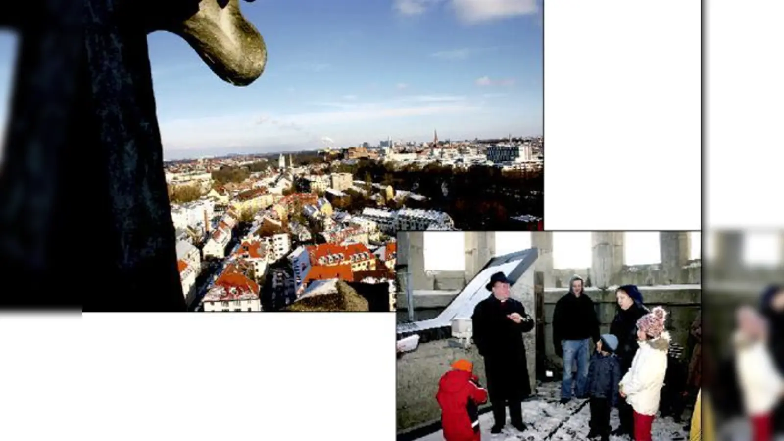 Auf dem Turmbalkon von Mariahilf. In der Mitte  hinten erkennt man den roten Quader des Kulturzentrums am Gasteig, rechts die Kirche St. Johann Baptist. Pfarrer Markus Gottswinter führt die  Besucher auf die höchste Stelle der Au.	 (Fotos: gh)
