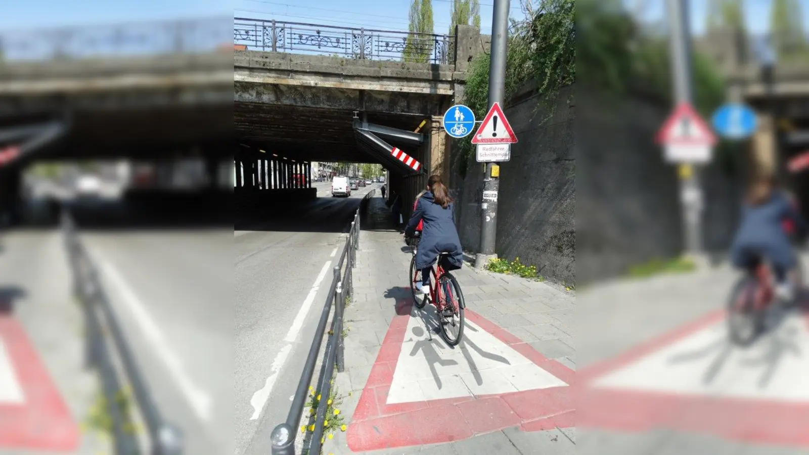 Der gemeinsame Fuß- und Radweg unter der Lindwurmbrücke ist äußerst beengt. Radler sind engehalten, hier nicht schneller zu fahren als die Fußgänger gehen. Welche Verbesserungen sind in der Straße möglich? (Foto: job)