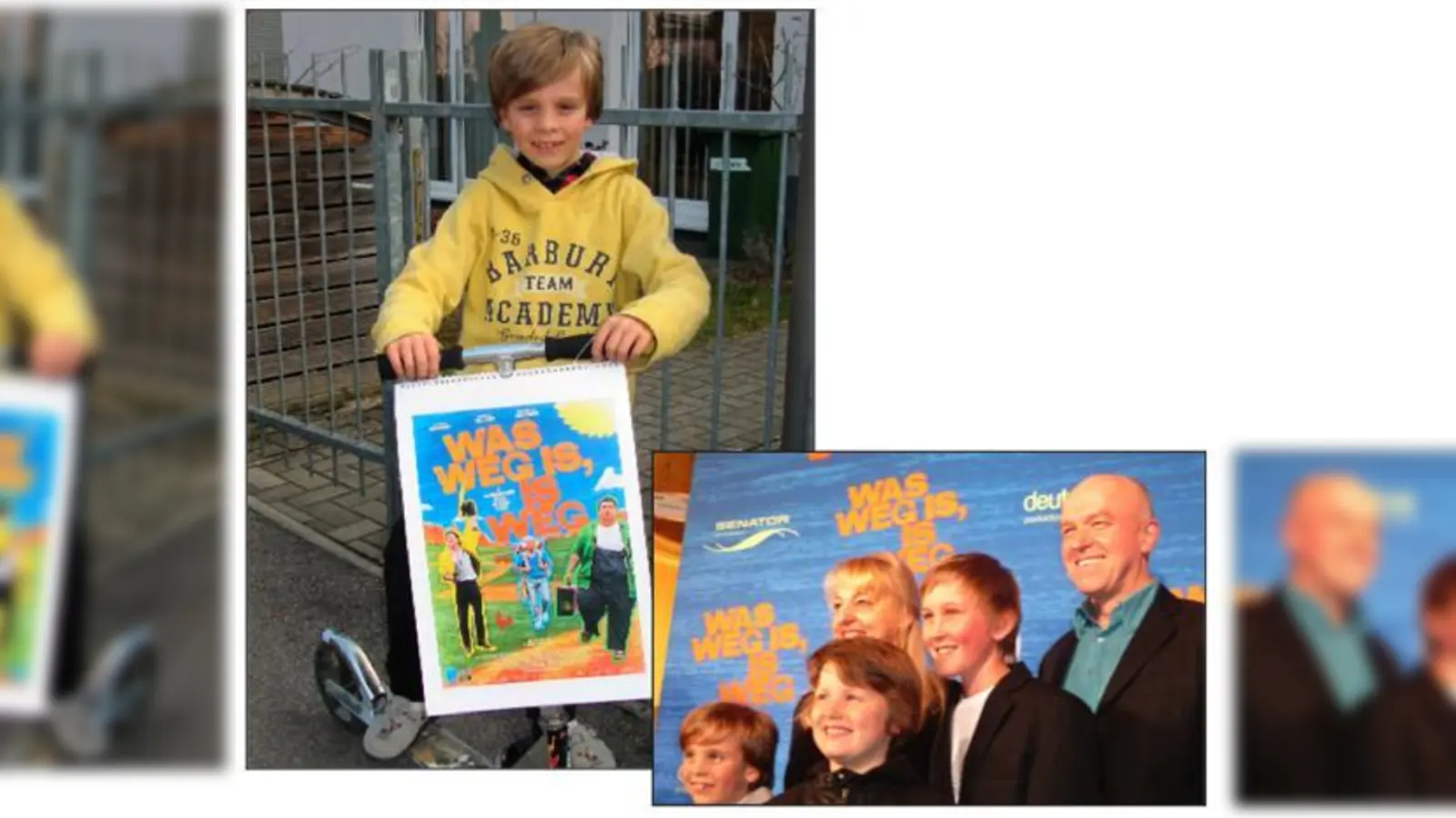 Philipp Franck macht Werbung für seinen ersten Film.	 Philipp (l.) mit seiner Film-Familie bei der Premiere. Hier mit den Schauspielern Heinz-Josef Braun und Johanna Bittenbinder. 	 (Fotos: Woschée/VA)