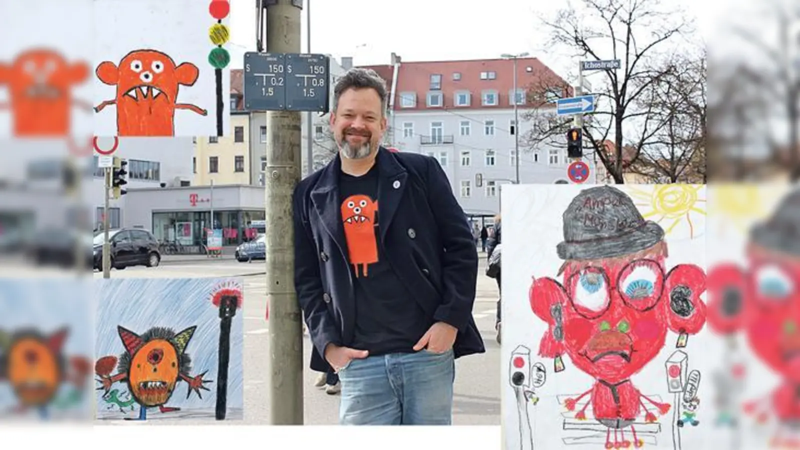 An dieser Ampel am Tegernseer Platz hat alles angefangen: »Bulo« ärgerte sich, dass Passanten bei Rot gingen  und rief eine kreative Aktion ins Leben. So entstanden die »Ampelmonster« (kleine Bilder), die Grundschüler gemalt haben.	 (Foto: bs, Gary Glotz)