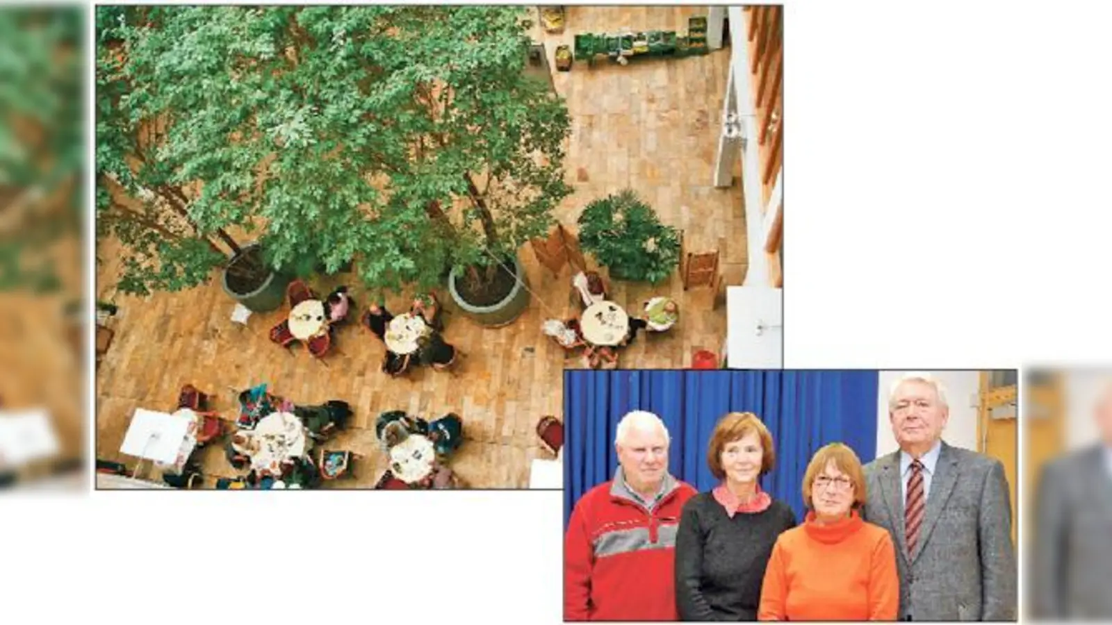 Das Café Central im Foyer des ASZ und der Vorstand des Vereins »Älter werden in Eching e. V.« (v. l.): Dieter Wagner, Sabine Palitzsch, Charlotte Pschierer und Rolf Lösch.	  (Fotos: Verein)