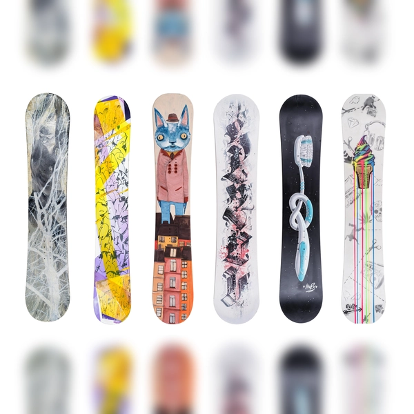 Es ist immer das gleiche Snowboard-Modell. Die Kunst darauf ist unglaublich vielfältig.  (Foto: Frank Schroth)