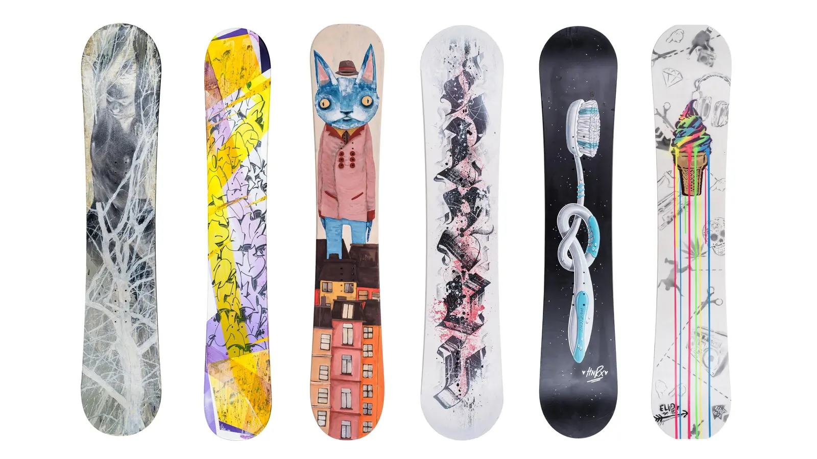 Es ist immer das gleiche Snowboard-Modell. Die Kunst darauf ist unglaublich vielfältig.  (Foto: Frank Schroth)