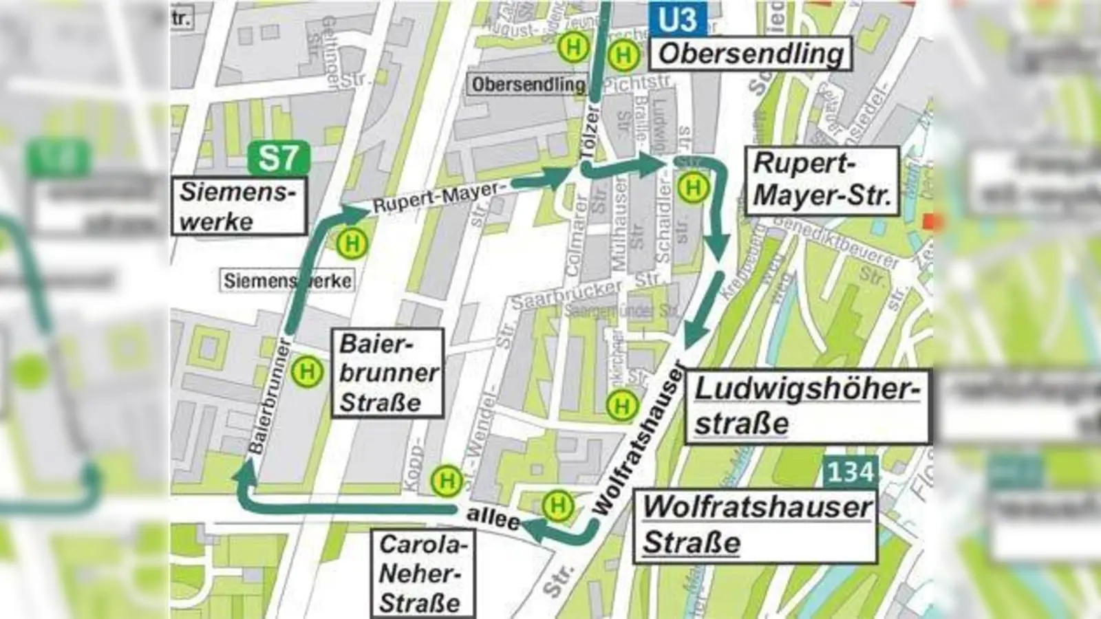 Die Linienführung des Busses durch die Südseite. (Foto: MVG)