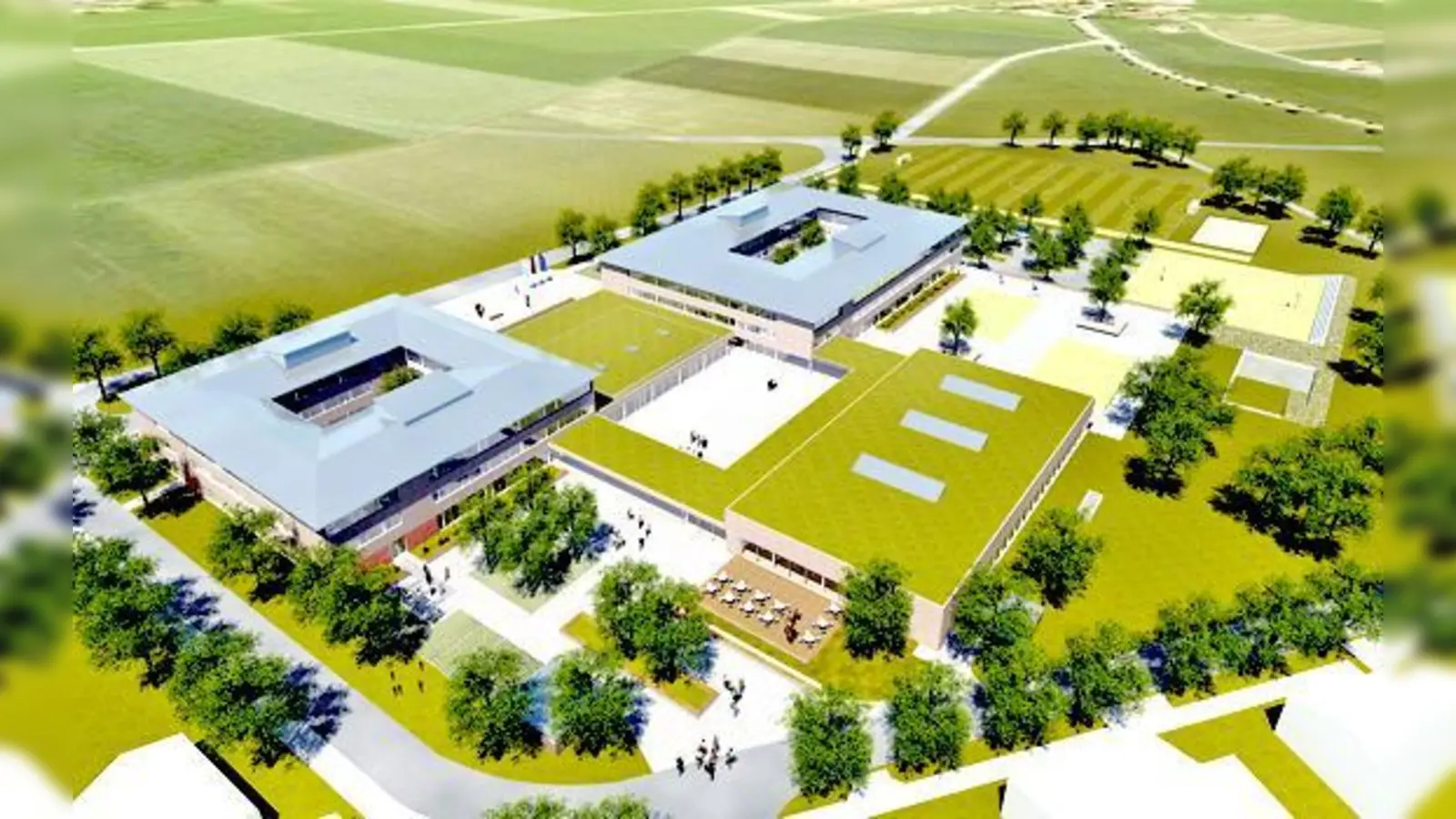 Der neue Schulcampus bietet auf fünf Hektar Platz für ein neues Gymnasium und eine neue Fachoberschule. 	 (Foto: Architekturbüro Fritsch + Tschaidse)