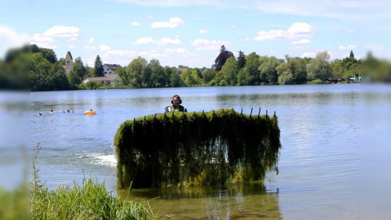 So sieht es aus, wenn das Spezialgefährt die Wasserpflanzen aus dem See holt. (Foto: Gemeinde Weßling)
