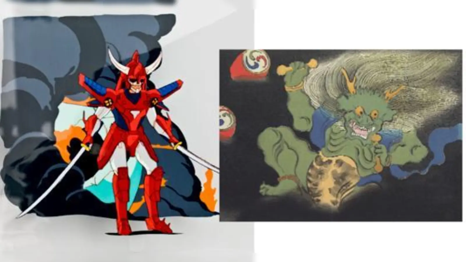 Gegenwart und Vergangenheit japanischer Comickunst: Links ein Samurai aus einem Anime, rechts der Donnergott von Sekka Kamisaka, entstanden 1909/10. 	 (Foto: Günter Beck)