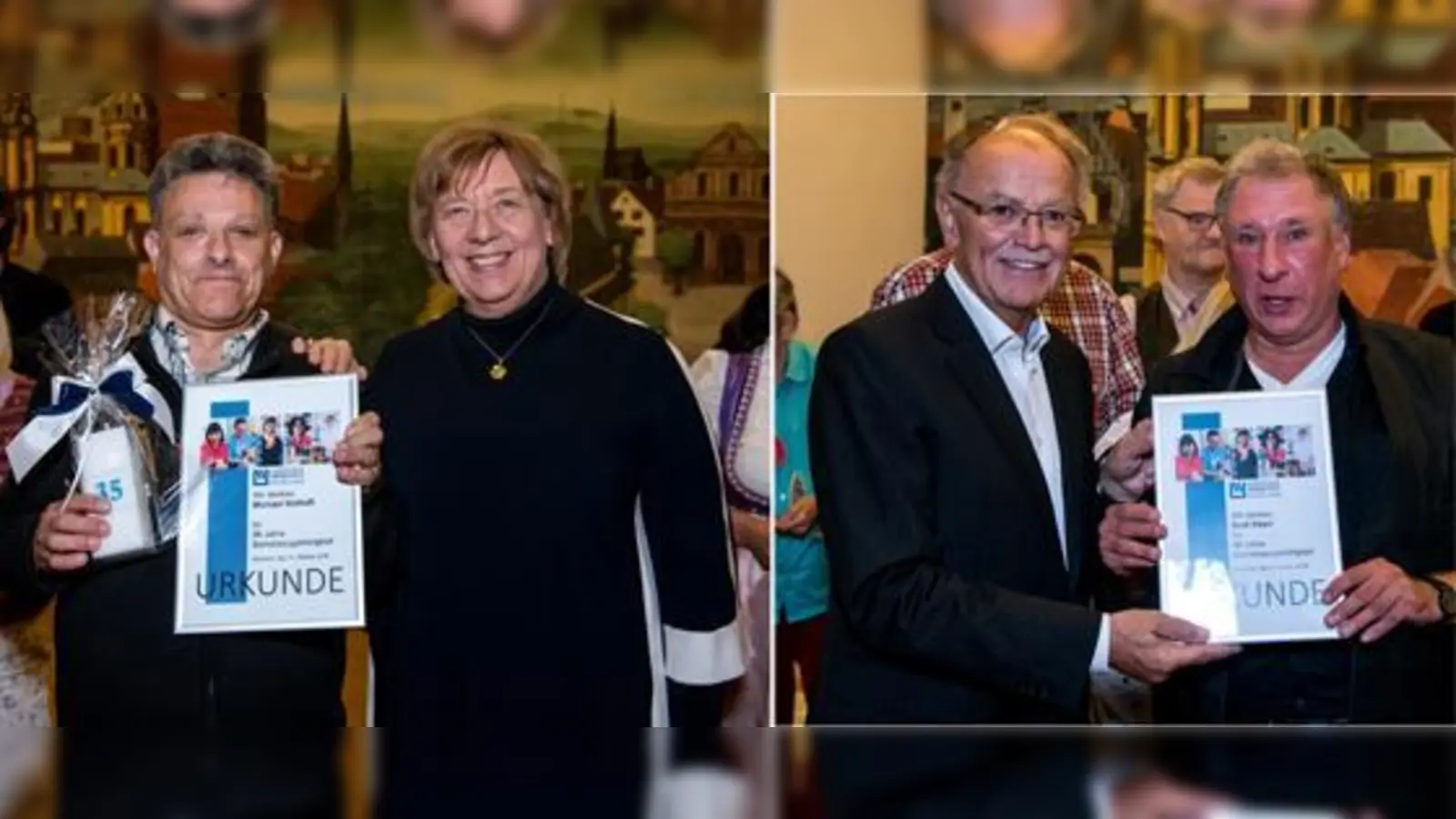 Alt-Landrätin Johanna Rumschöttel gratuliert Michael Nothaft zu 35 Jahren Betriebszugehörigkeit. Foto rechts: Josef Mederer gratuliert Rudi Eberl zu 40 Jahren Betriebszugehörigkeit bei der Lebenshilfe Werkstatt.  (Foto: Marc Müller)