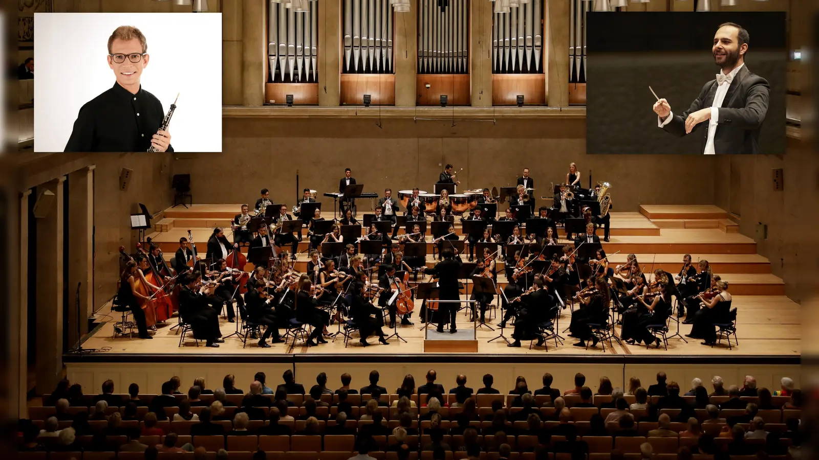 Benefizkonzert der Neuen Philharmonie München unter Leitung von Kiril Stankow. Solist ist der 24-jährige Oboist Lennart Höger. (Quelle: Orchester © Sabine Weinert-Spieß, Dirigent Kiril Stankow ©Tobias Eggensberger)