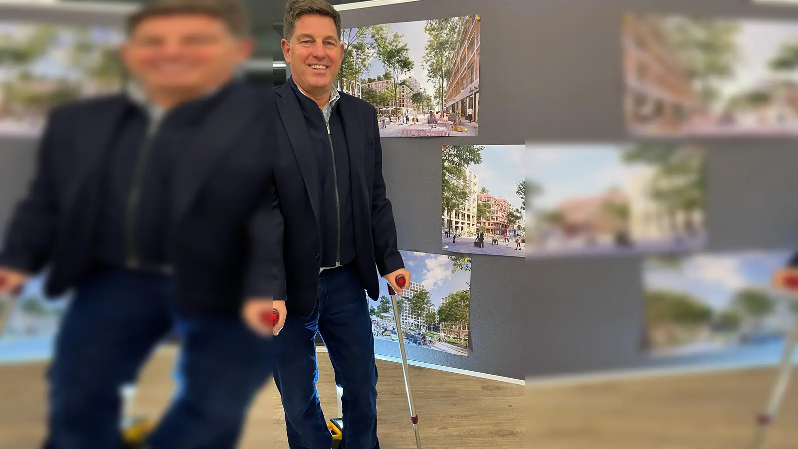 Bürgermeister Ullrich Sander ließ es sich trotz Krücken nicht nehmen, fleißig die Werbetrommel für das Groß-Projekt zu rühren. (Foto: hw)