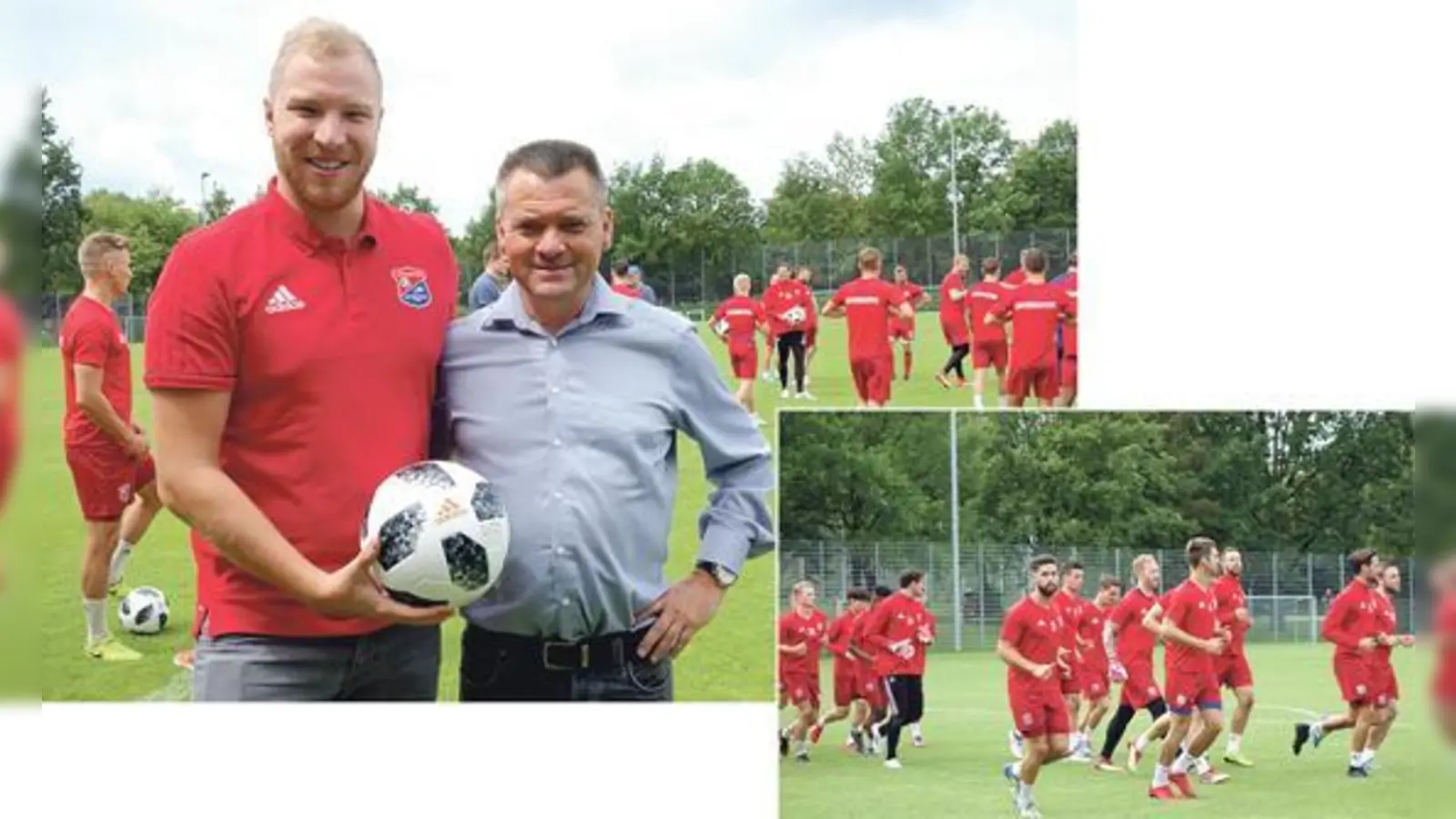 SpVgg-Präsident Manfred Schwabl und der neue Pressesprecher Florian Hauser beim Trainingsauftakt. Kleines Foto: Die Mannschaft der SpVgg Unterhaching hat das Training am Montag nach fünfwöchiger Pause aufgenommen. (Fotos: hw)