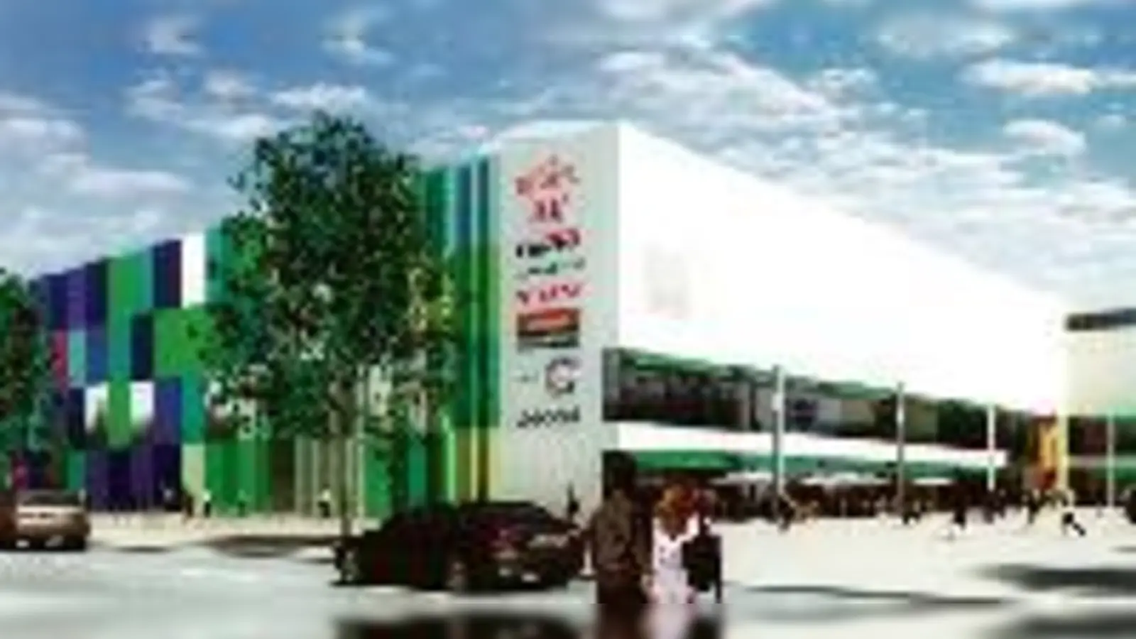 Das neue Einkaufszentum von Südwesten aus betrachtet. Im Vordergrund: die Schleißheimer Straße.  (Illustration: Fondara)