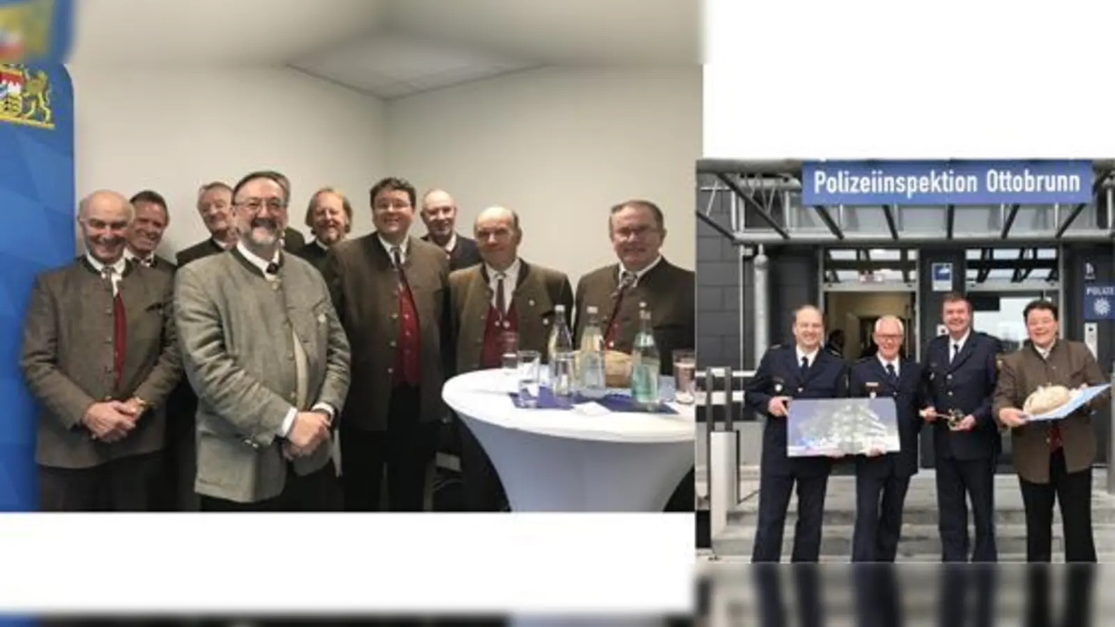 Hubertus Andrä, Armin Ganserer, Harald Pickert und Bürgermeister Thomas Loderer (v. l.) bei der Einweihung des neuen Dienstgebäudes.  Foto rechts: Der Männergesangsverein Ottobrunn umrahmte die Eröffnung feierlich.  (Foto: Heike Woschee)