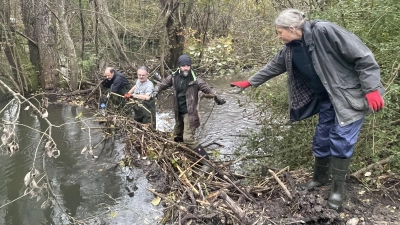 Gemeinsam machen die Helfer vom Bund Naturschutz im Biberdamm Platz für das Drainagerohr. Rechts: BN-Kreisgeschäftsführerin Helene Falk. (Foto: pst)
