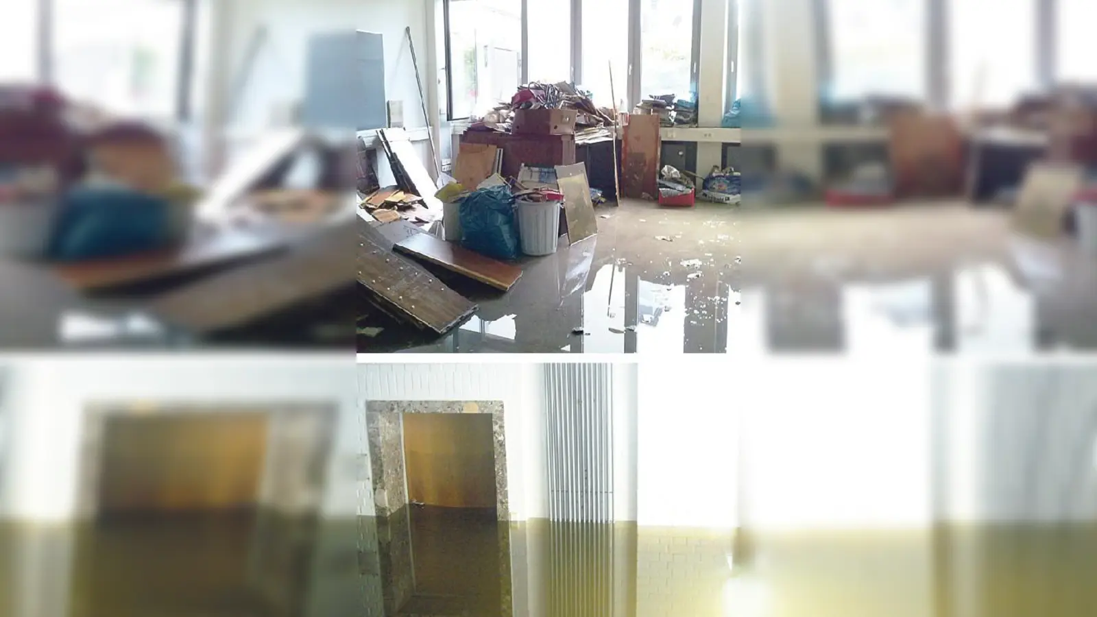 Das Wasser stand bis zu Türklinke (oben). Viele Räume des Gymnasiums werden für längere Zeit nicht benutzbar sein (ganz oben).  (Fotos: privat)