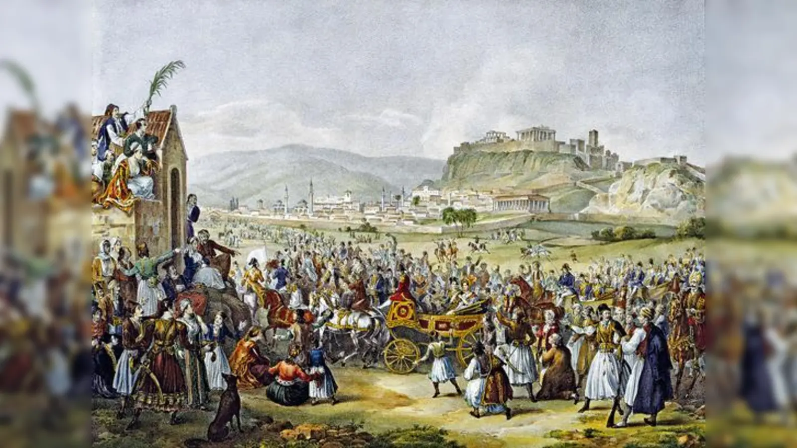 Lithographie vom Einzug des Königspaares Otto und Amalie in Athen nach ihrer Hochzeit in Oldenburg am 22. November 1836.  (Foto: Farbige Lithographie im Museum)