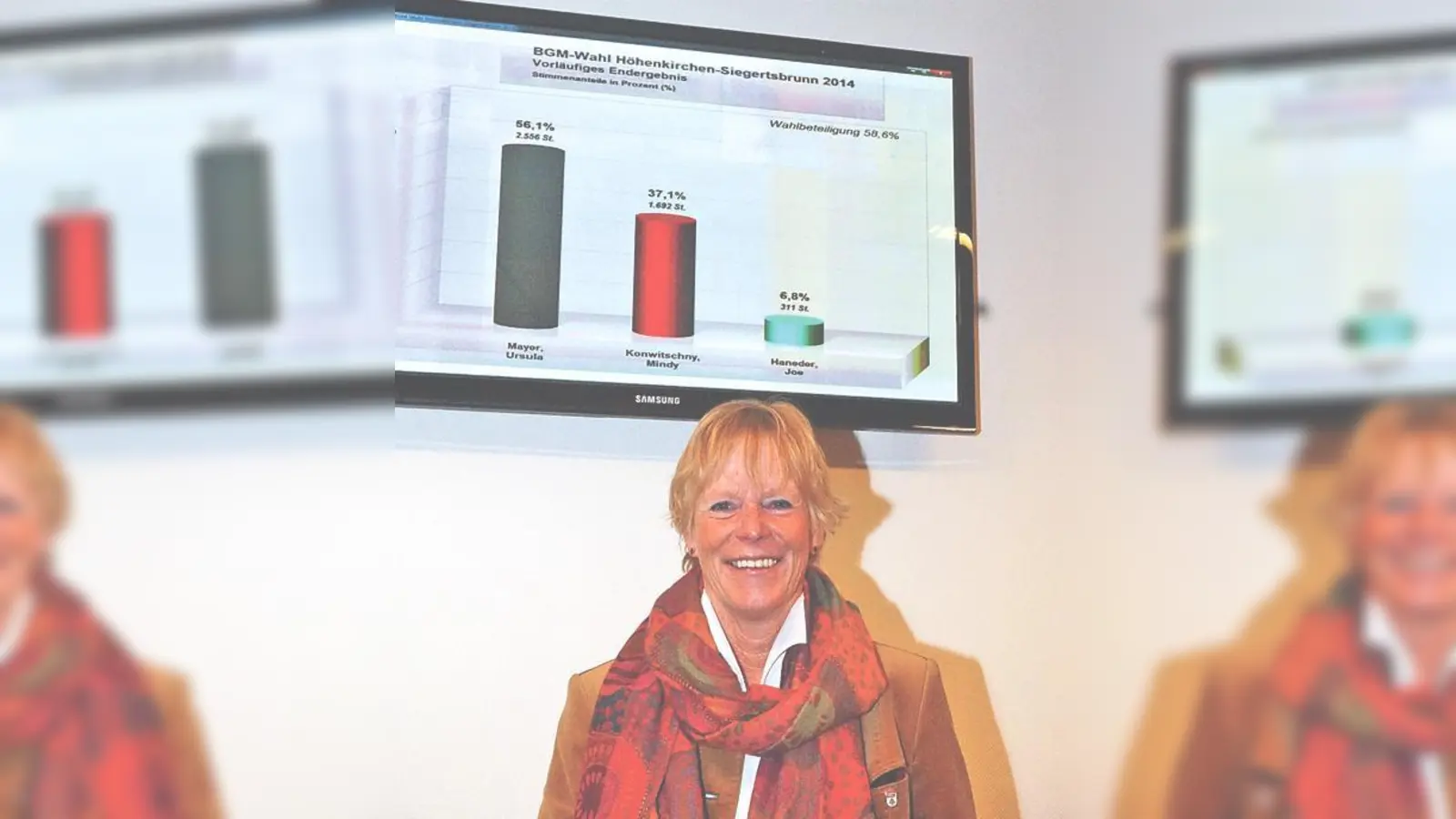 Erleichtert weist die alte und neue Bürgermeisterin von Höhenkirchen-Siegertsbrunn, Ursula Mayer (CSU) auf das gute Wahlergebnis hin.	 (Foto: Boschert)