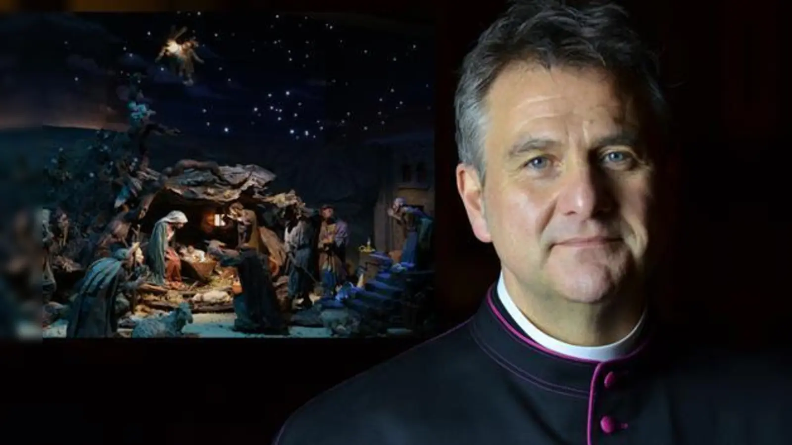 Bis Ende Januar ist (rechts Pfarrer David W. Theil) die Osterrieder-Krippe zu sehen. Eine Attraktion ist der Nachthimmel, der die Konstellation der Gestirne zu der Zeit von Christi Geburt im Heiligen Land zeigt.  (Foto: Pfarrei, Annette Krauss (Krippe))