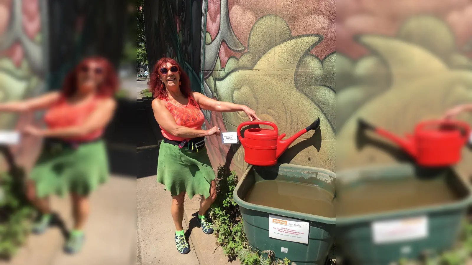 BA-Mitglied Melly Kieweg macht es vor: Einfach Gießkanne schnappen und die liebevoll von Bürgern angelegten Pflanztröge wässern. (Foto: Privat)