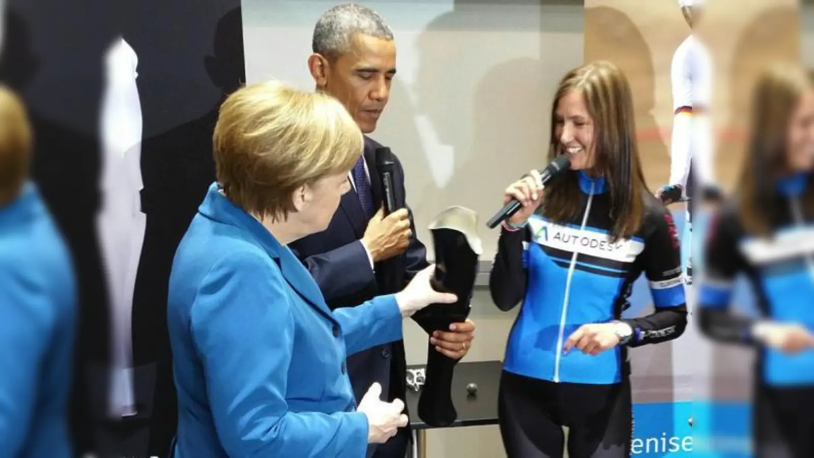 »Einer der besten Momente meines  (Foto: Denise Schindler im Gespräch mit Angela Merkel und Barack Obama.	Foto:PM)