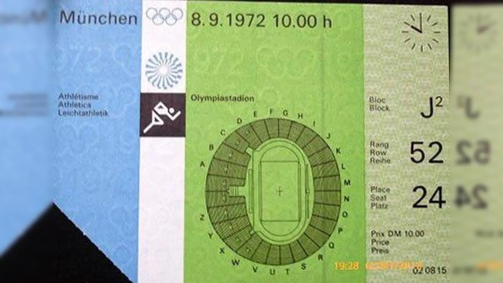 Eintrittskarte zu den Olympischen Spielen 1972. Damals am 8. September, drei Tage nach dem Attentat, fand u.a. die Qualifikation für den Weitsprung statt. Tags darauf holte Randy Williams mit 8,24 m hierfür die Goldmedaille. (Foto: pr)