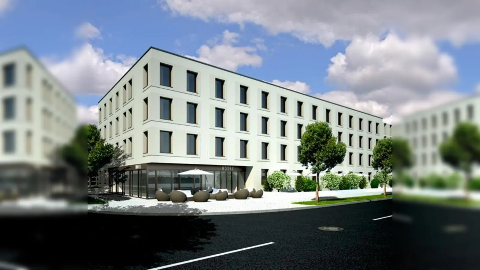 Das Hotel wird durch einen von Grün gesäumten Neubau ersetzt.	 	 (Foto: ikb/ Maier Neuberger)