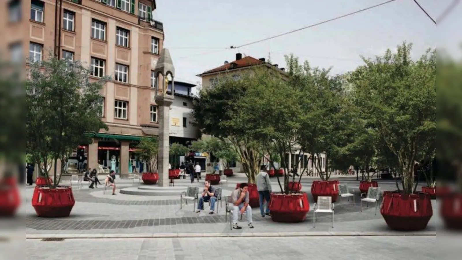 Vom verlassenen Fleck zum chancenreichen Platz: Am Pasinger Marienplatz tut sich in der nächsten Zeit einiges. Neben der künstlerischen Belebung der Pappschachteln kommen Bäume, Sträucher und Stühle auf den Platz. Außerdem machen sich Münchner Studenten Gedanken um temporäre Nutzungen. (Foto: Graphik: Landschaftsarchitekten Burger)