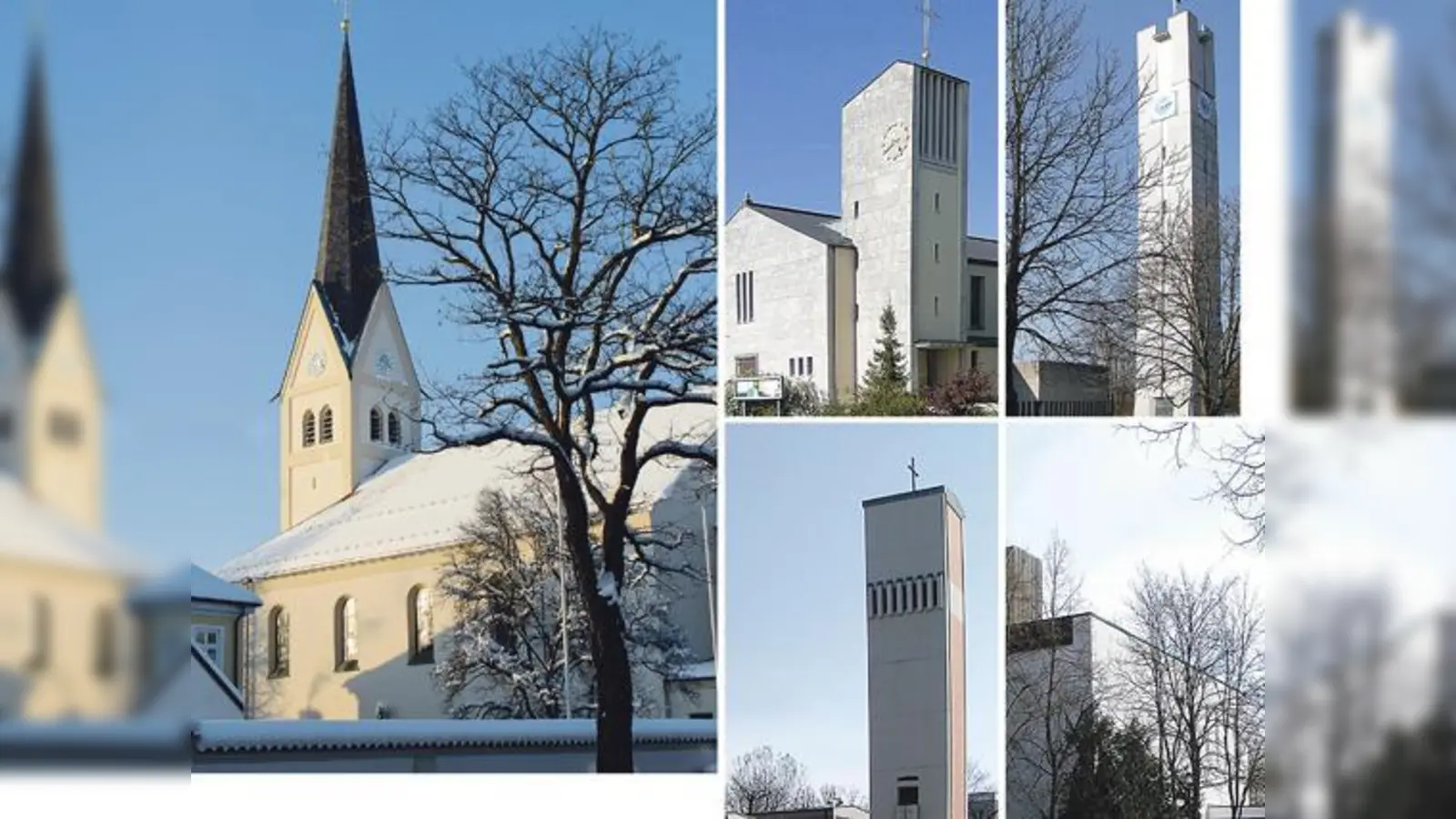 Der Sitz des neuen Pfarrverbandes ist St. Peter und Paul (links). Weitere zugehörige Gemeinden sind (von links oben im Uhrzeigersinn) St. Agnes, St. Christoph, St. Matthäus und St. Johannes Evangelist.	 (Foto: Pfarrei St. Peter und Paul)