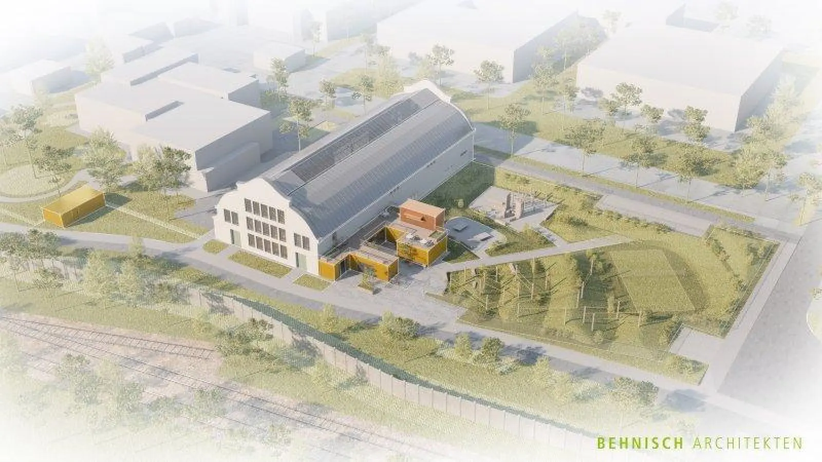 Visualisierung der Actionsporthalle und ihrer Außenfläche. (Foto: Behnisch Architekten)