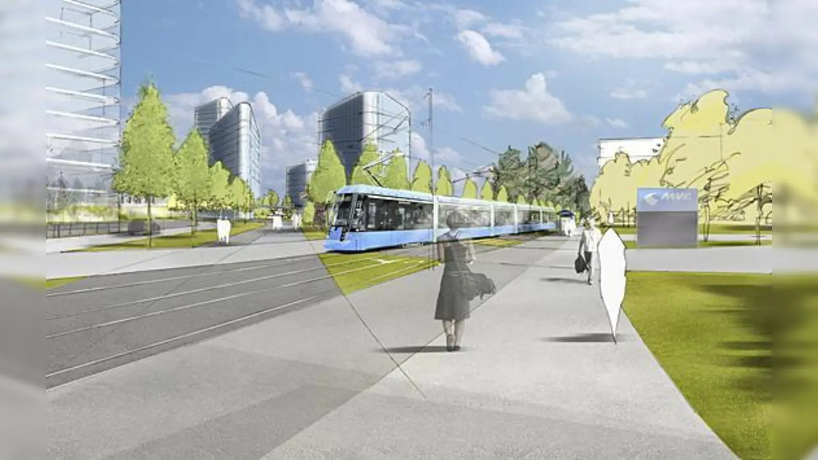 Der Vogelweideplatz mit »Bogenhauser Tor« im Hintergrund: Die aus Richtung Berg am Laim kommende Tram passiert den Straßenbahn-Betriebshof und fährt durch die Einsteinstraße weiter Richtung Max-Weber-Platz.  (Darstellung: MVG)