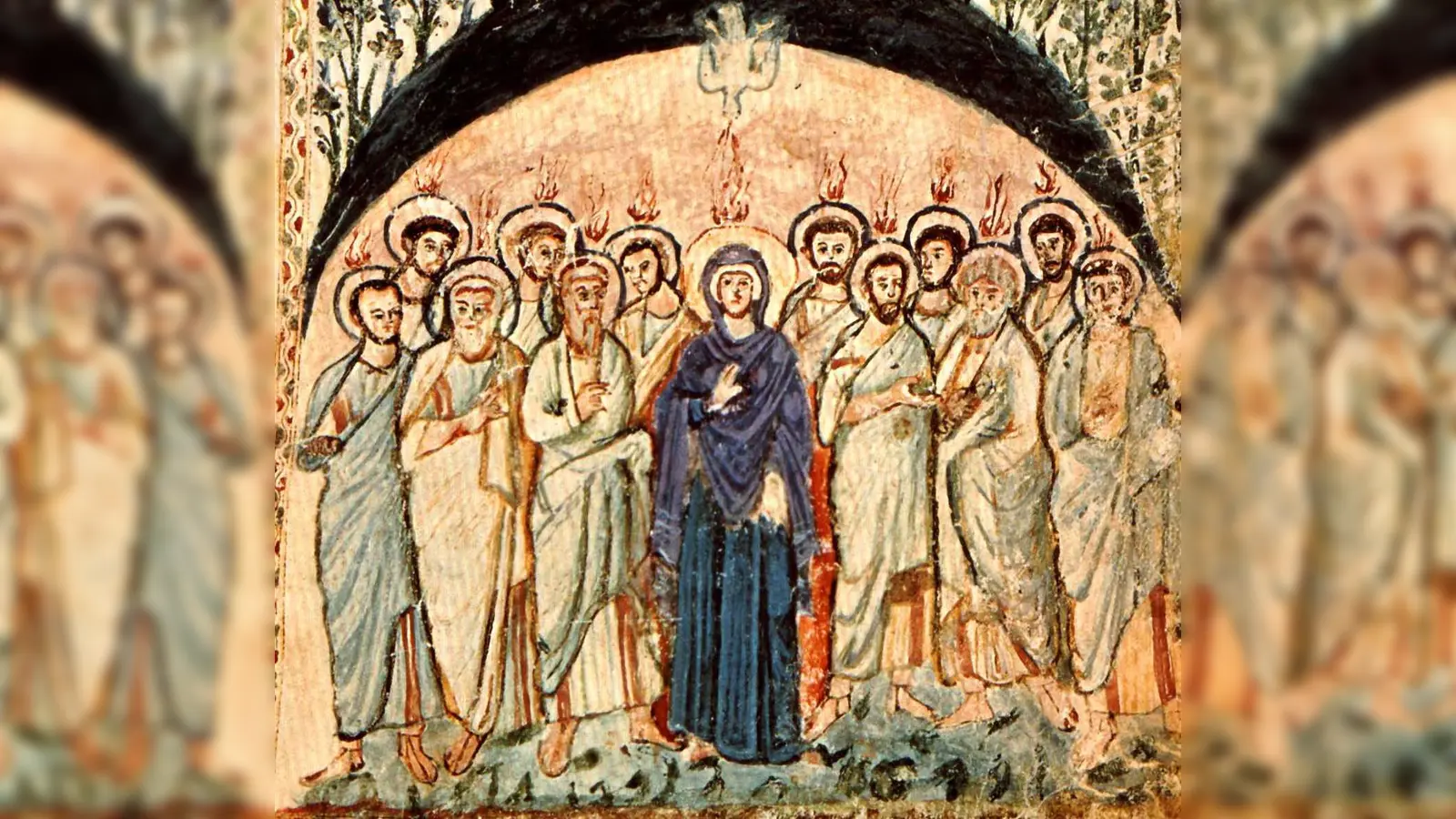 Der Heilige Geist, der über die Jünger Jesu Christi kommt, wird in der Kunst meist als Taube dargestellt (oben) - so auch im Rabbula-Evangeliar, einer Pergament-Handschrift der vier Evangelien aus dem 6. Jahrhundert. (Foto: gem)