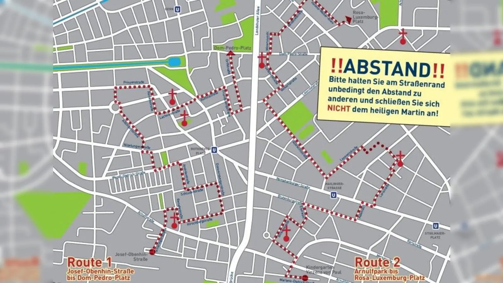 Auf diesen zwei Routen können sich alle Interessierten mit ihren Laternen an den Straßenrand stellen und auf St. Martin warten, der mit Musik und Fackelträgern vorbeireiten wird. (Foto: Pfarrei St. Benno)