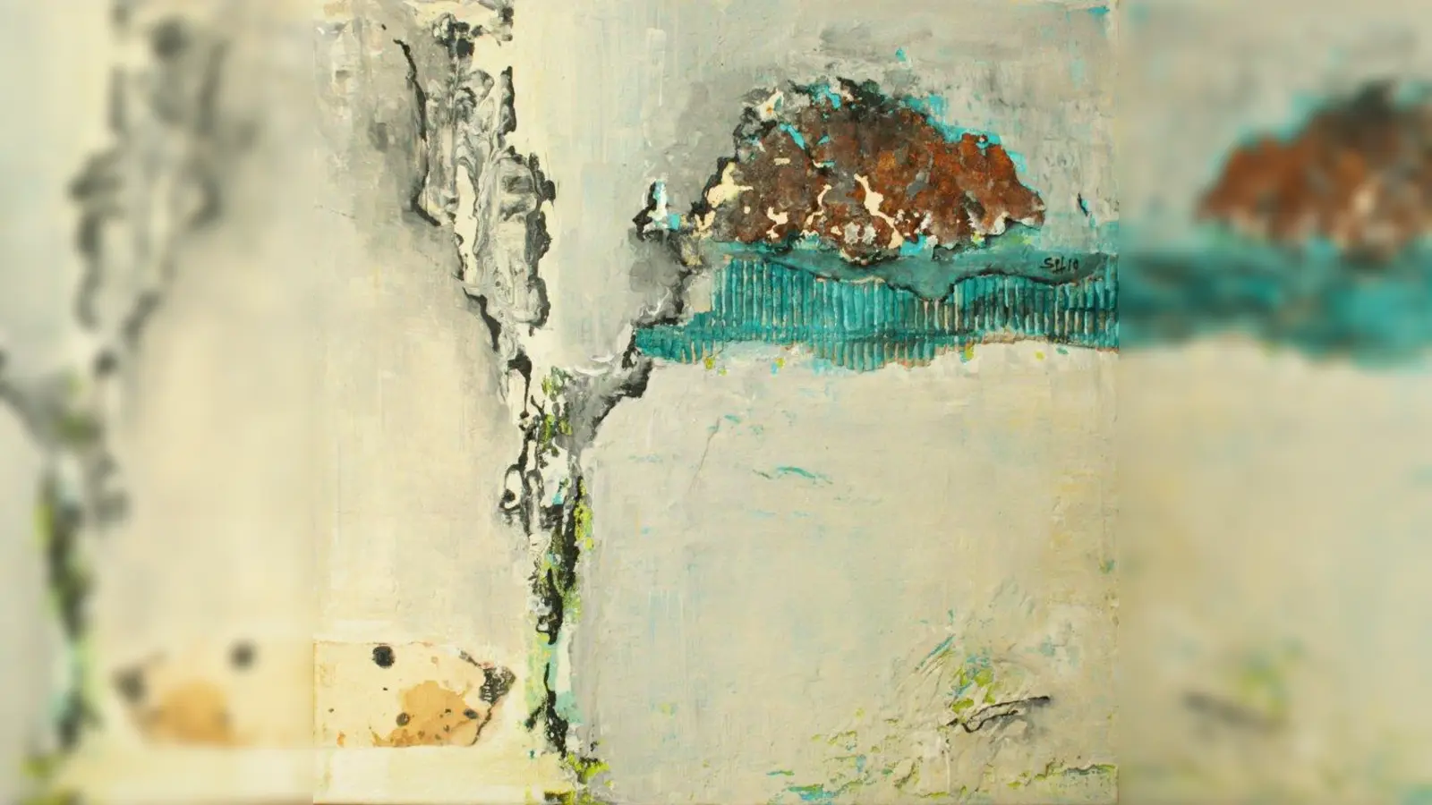 Die Gemälde von Sonia Höger zeigen abstrakte und aussagekräftige Geographien, aus denen die Frage zu Diego Sachellas Migration von Argentinien nach Deutschland entstanden. (Foto: pi)