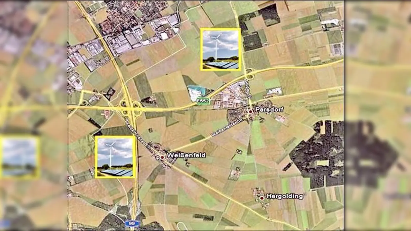 Zwei Standorte im Gemeindegebiet Vaterstetten eignen sich bestens für Windkraftanlagen: westl. der A99 und nördl. der A94.	 (Foto: Energiewende Vaterstetten)