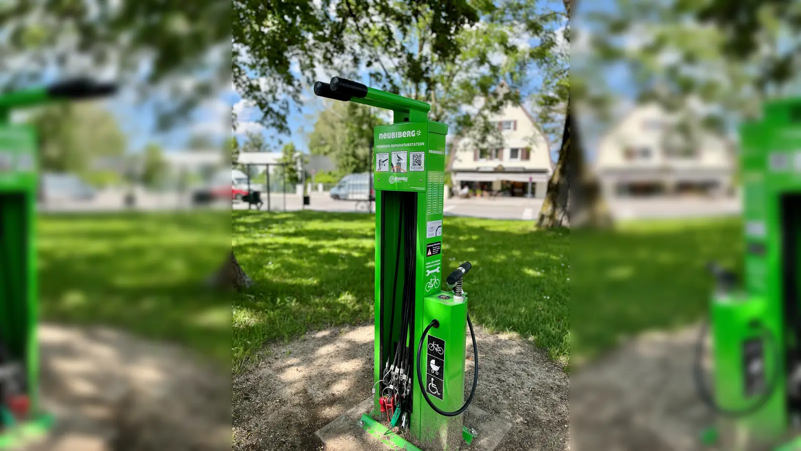 Am Bahnhofsplatz befindet sich seit Kurzem eine weitere öffentliche Fahrrad-Reparaturstation. (Foto: Gem.Neubiberg)