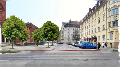 Neben einer Begrünung könnte der Platz an der Versailler Straße mit Bänken und einem Brunnen gefüllt werden – so wie in dieser Visualisierung der SPD Au-Haidhausen. (Foto: Anno Dietz)