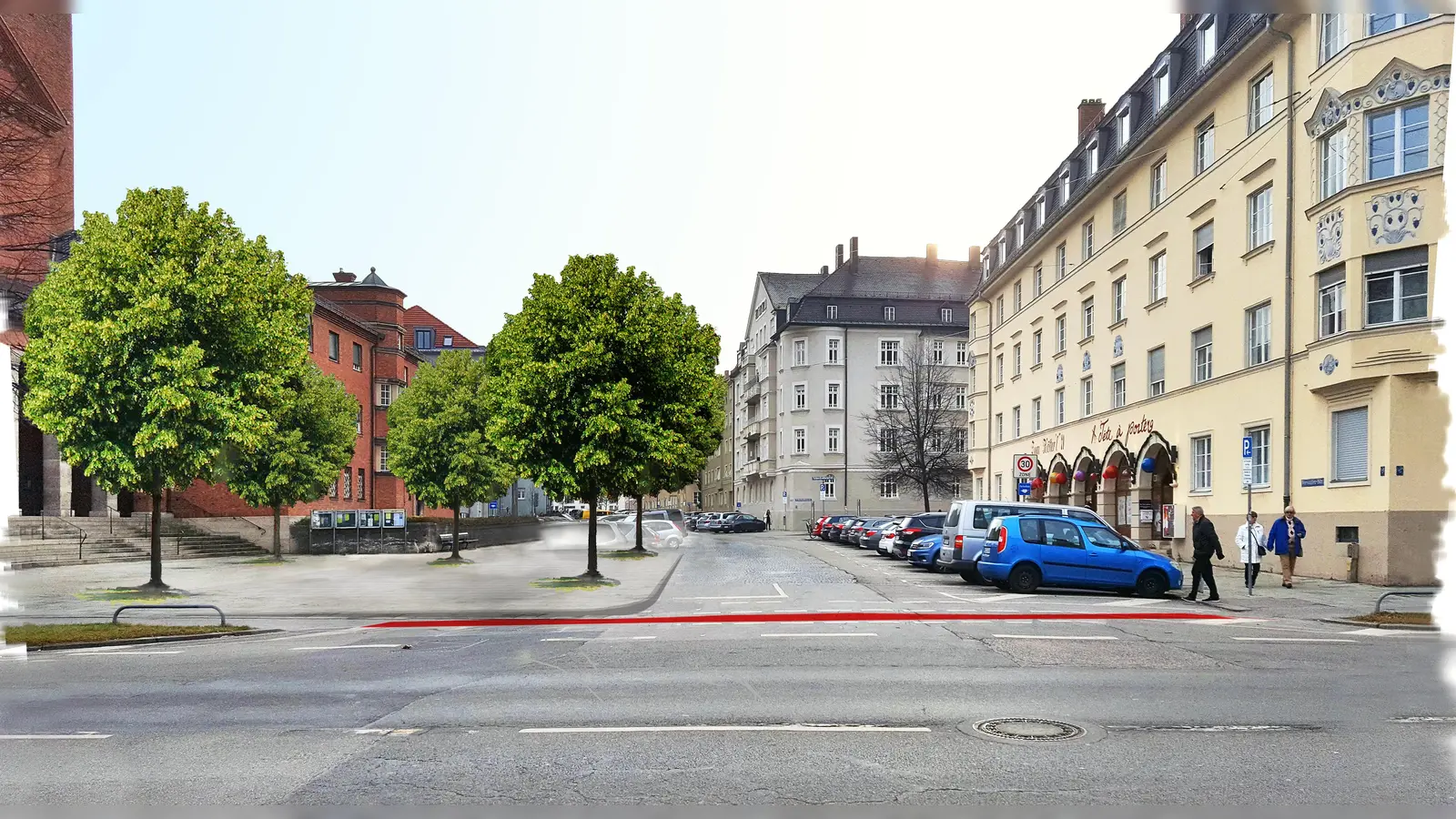 Neben einer Begrünung könnte der Platz an der Versailler Straße mit Bänken und einem Brunnen gefüllt werden – so wie in dieser Visualisierung der SPD Au-Haidhausen. (Foto: Anno Dietz)