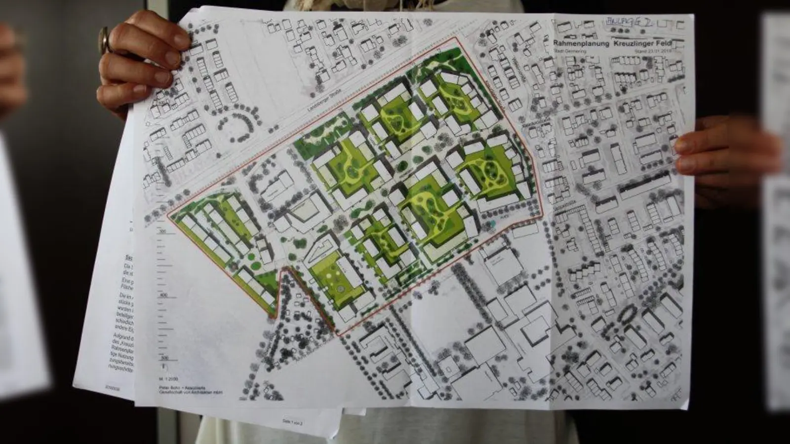 So sieht der Entwurf für den Rahmenplan „Kreuzlinger Feld” aus. Er ist die Grundlage für die weiteren Planungen. (Foto: Plan: Peter Bohn + Assoziierte Gesellschaft von Architekten mbH)
