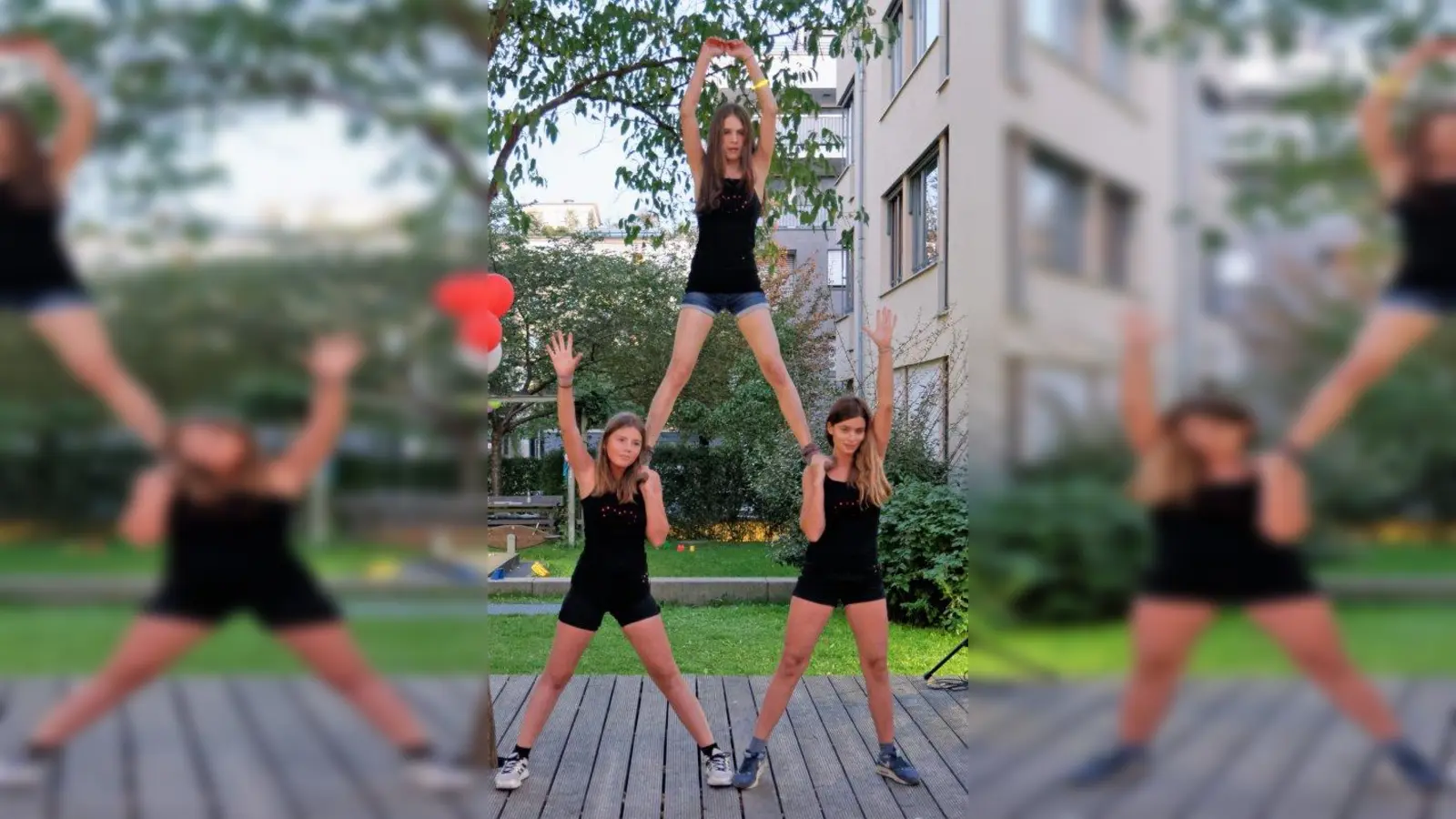 Begeisterten Applaus brachte die in Eigenregie einstudierte Tanz-Akrobatik-Show von Anna (links), Elisabeth (rechts) und Johanna (oben). (Foto: R. Kühberger)
