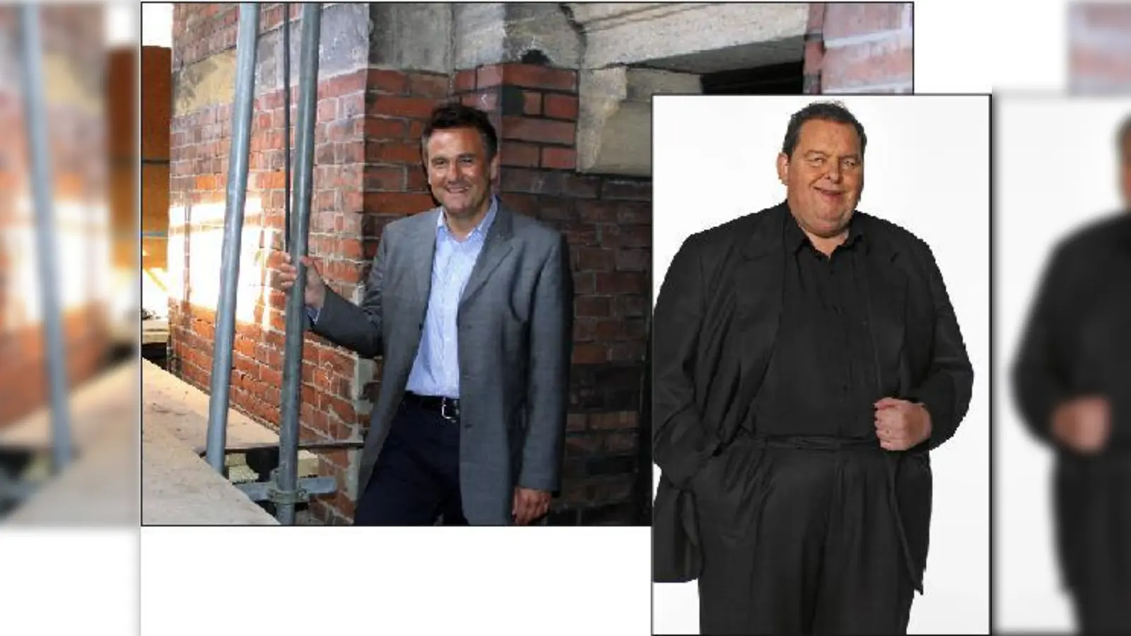 Blick hinter den verhüllten Kirchturm: David Theil, Dekan und Pfarrer von Sankt Ursula, freut sich über Spenden für die Turmsanierung an den Abenden. Ottfried Fischer (r.) tritt am kommenden Dienstag auf.	 (Foto: ko)