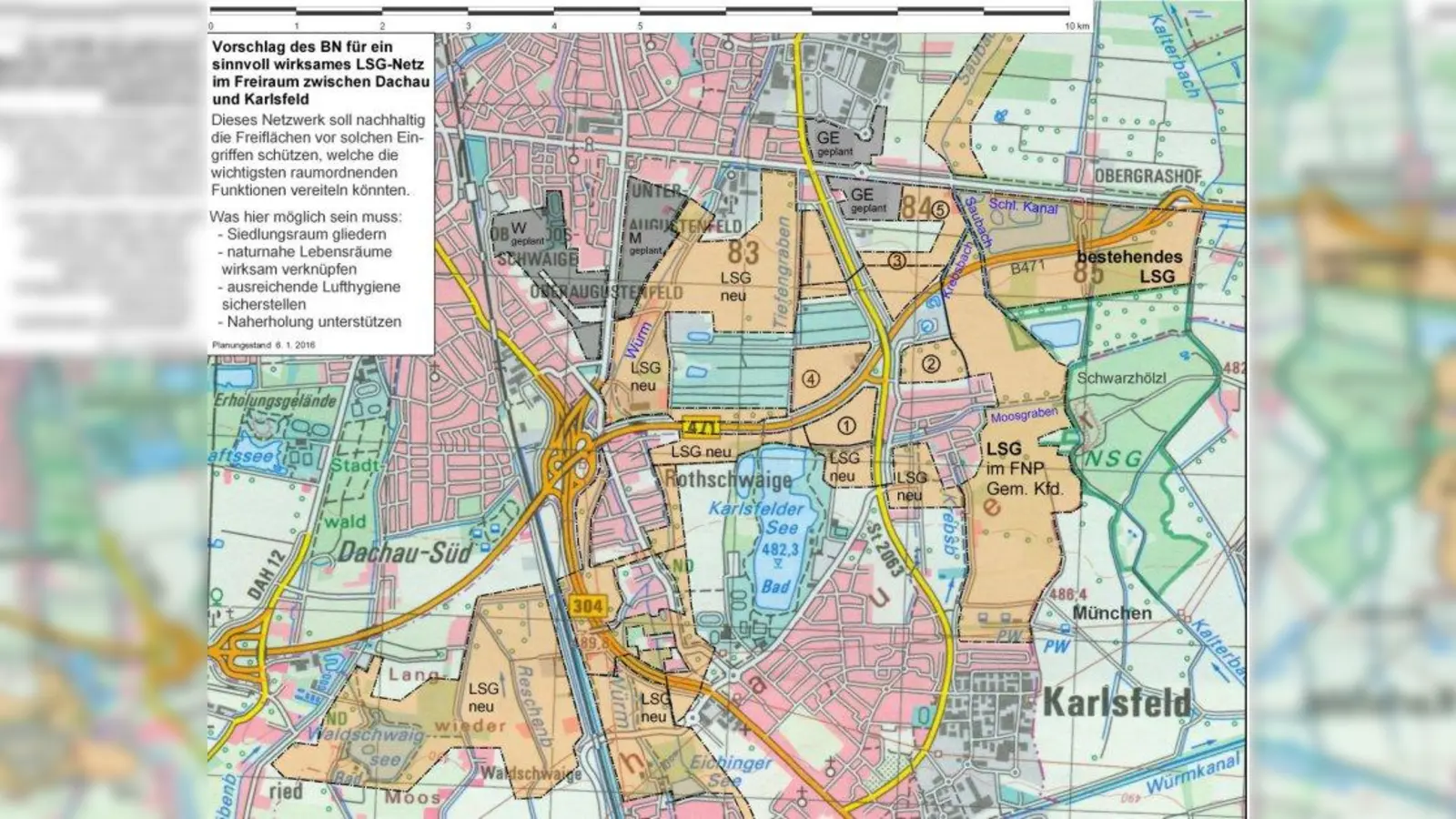 Der BUND Naturschutz  zeigt auf, wie die derzeit noch freien Flächen zwischen Dachau – Augustenfeld und Dachau-Ost – sowie Karlsfelds Norden dauerhaft für die Zukunft von weiterer Bebauung freigehalten werden könnten. (Foto: BUND Naturschutz)