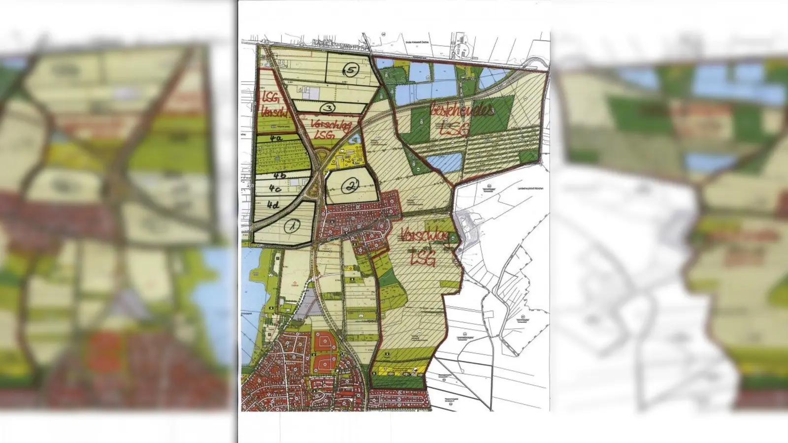 In den rot umrandeten Flächen sowie der Fläche 2 soll ein Landschaftsschutzgebiet entstehen. Die Ausweisung weiterer, vom Bund Naturschutz empfohlener Flächen, wurde im Gemeinderat mehrheitlich abgelehnt. (Foto: pi)