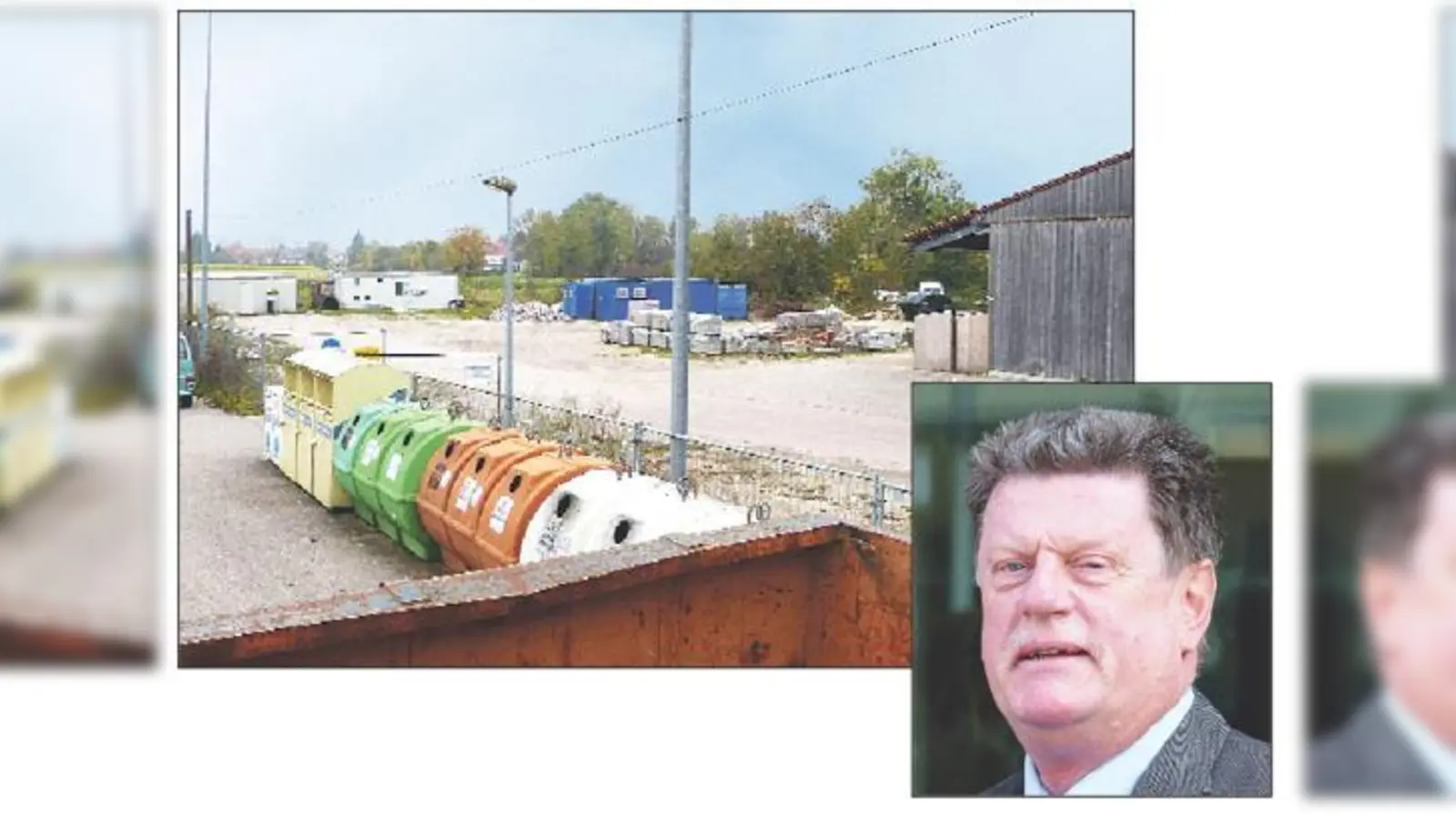 In der Bauhofhalle (o. re.) wird das Salz bisher gelagert. Für die neue Halle müssen die blauen Container und die rechten der grauen Obdachlosen-Container verschwinden. Für Bürgermeister Stallmeister ist der Neubau nur eine Übergangslösung.  (Foto: bb, priv.)