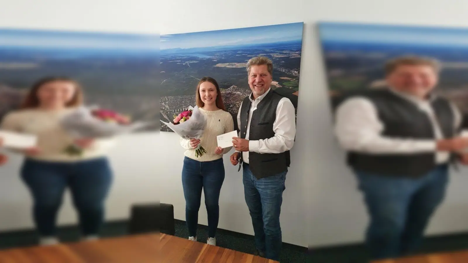 Lea Karla ist Bayerische Juniorenmeisterin im Luftpistolenschießen. Dazu gratulierte ihr Neurieds 1. Bürgermeister Harald Zipfel. (Foto: Gemeinde Neuried)