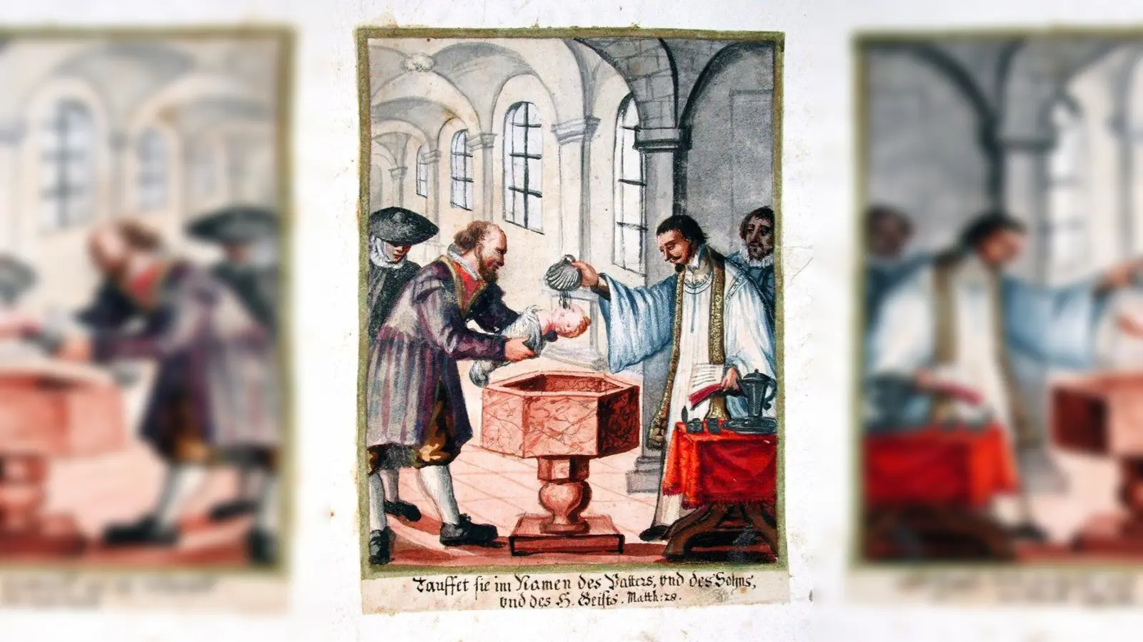 Taufe. Barocke Darstellung im Taufbuch der Pfarrei Schönau (Dekanat Bad Aibling) für die Jahre 1712-1805. (Foto: Archiv des Erzbistums München und Freising, Matrikel 6529)